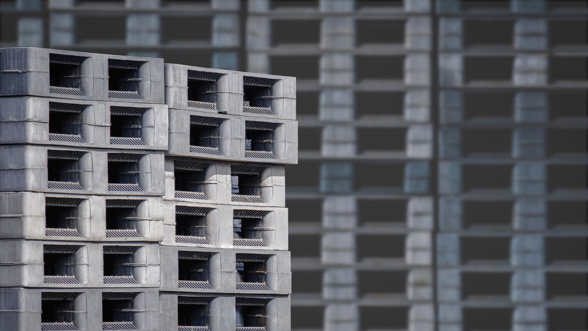 Hundreds of stacks of grey plastic pallets
