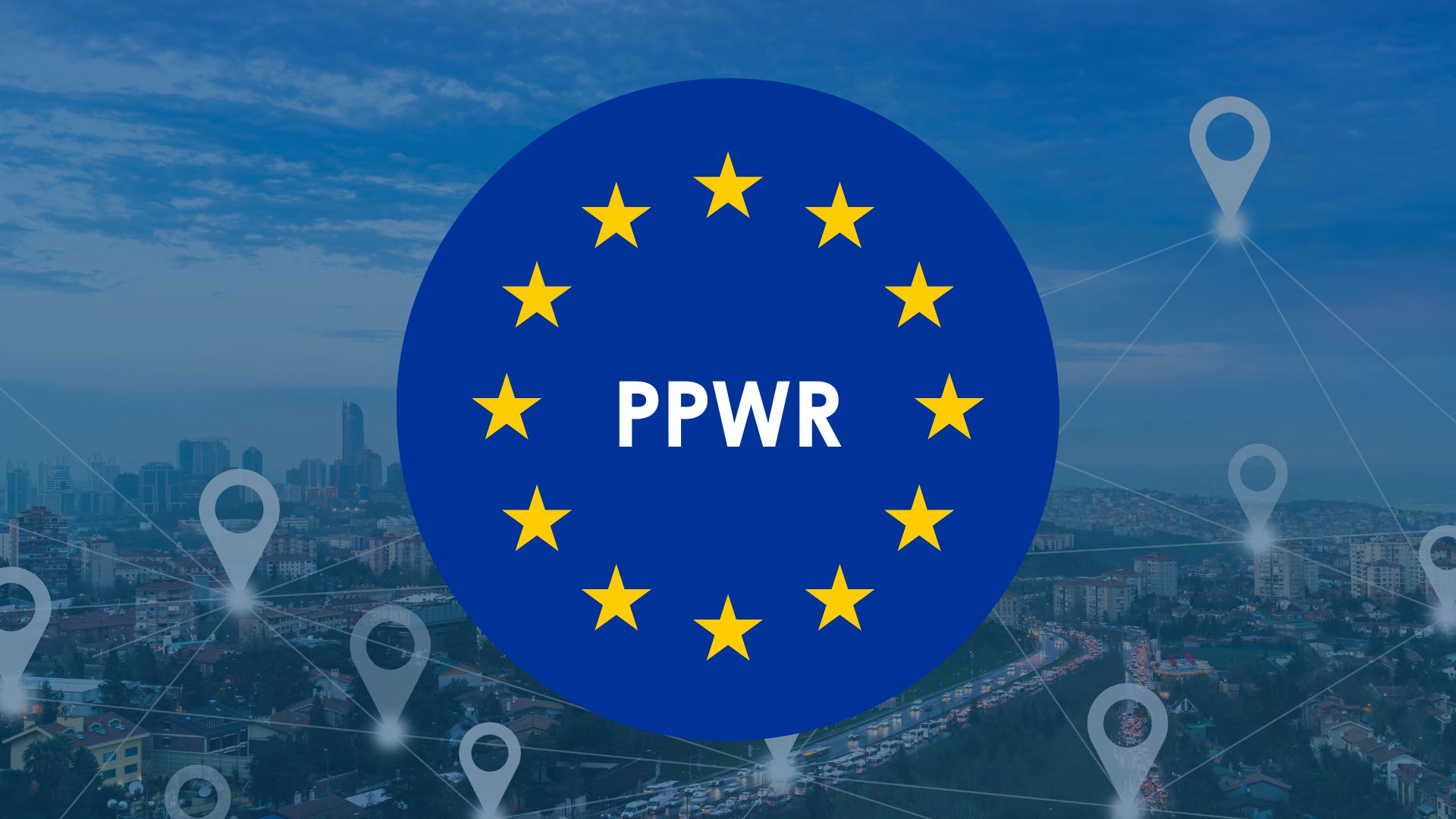 The PPWR logo with a background of a city and location markers dotted around.