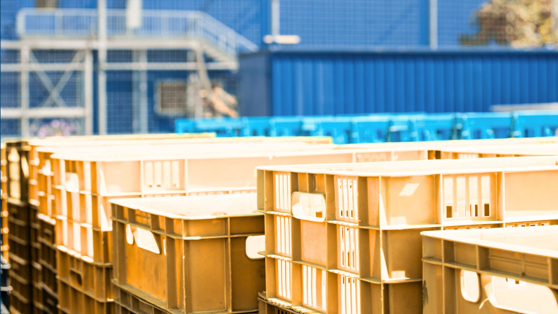 Plastic-Crates Yellow and blue reusable plastic crates.