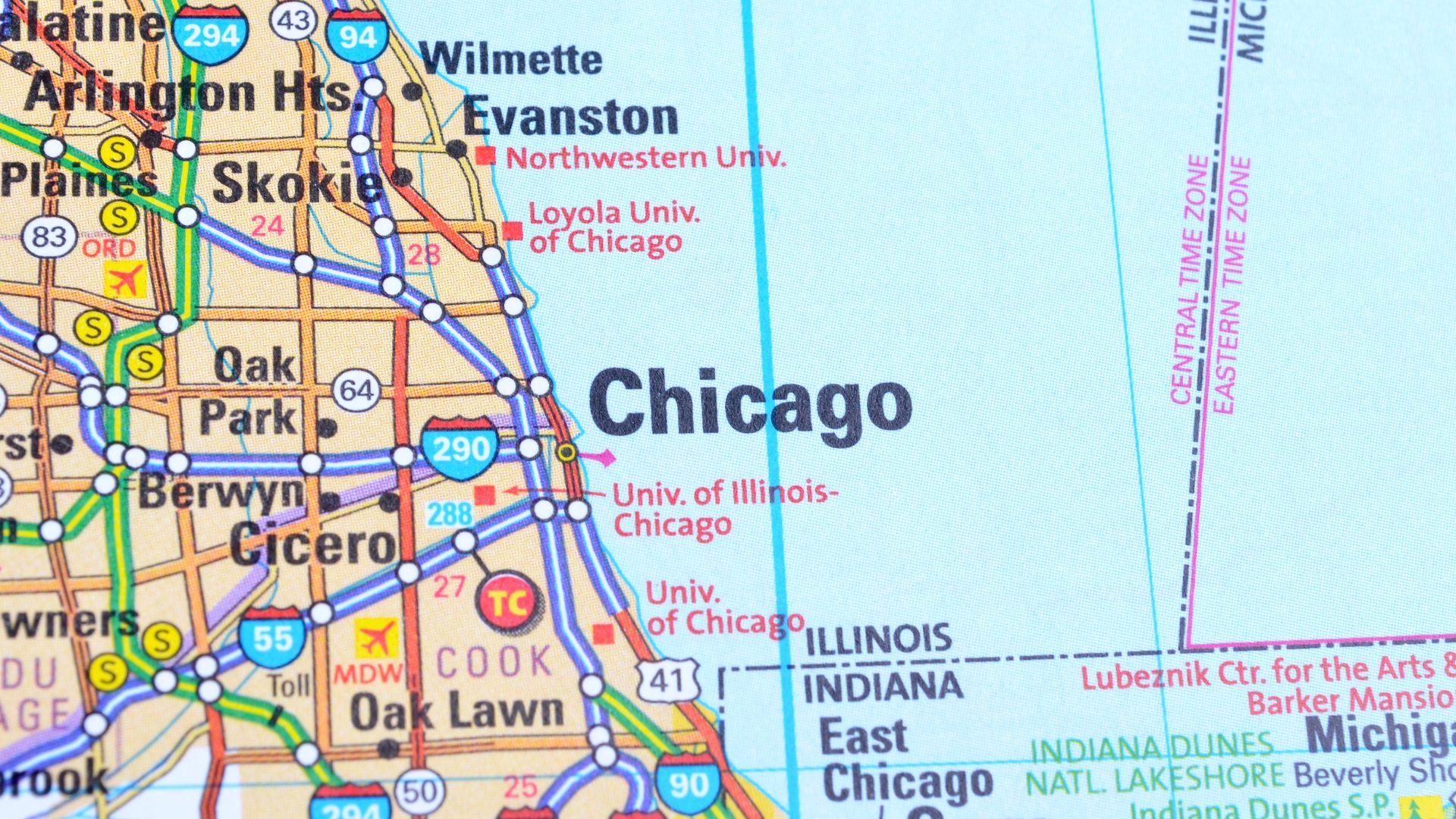 A close-up of Chicago on a map. 