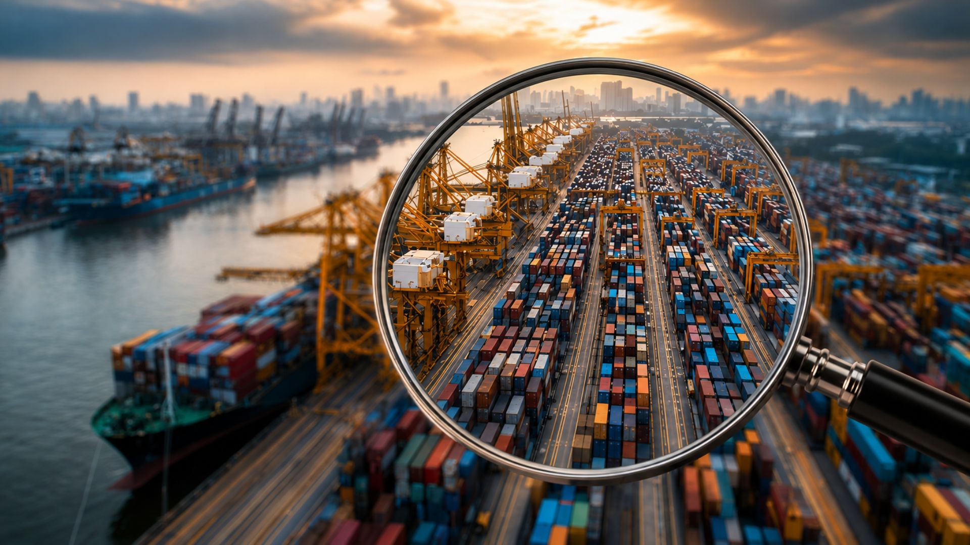 A magnifying glass magnifying one part of a birds' eye view shot of a large shipment.